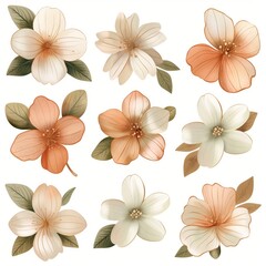 Obraz premium Illustration of beige and peach blossoms with green leaves on a white background. Perfect for floral design and decorative graphics.