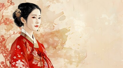 Portrait of a Korean woman in traditional red dress