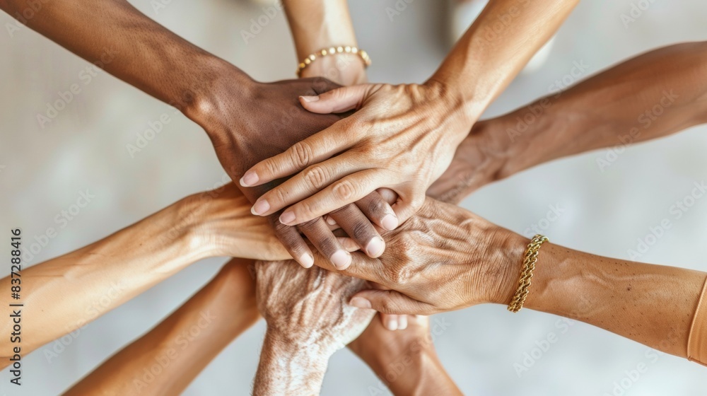 Aufkleber unity and diversity in focus: close-up of multiracial hands together on neutral background