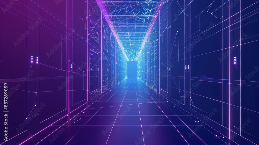 Poster a data center room with servers for digital processing and storage of information is illustrated, fe