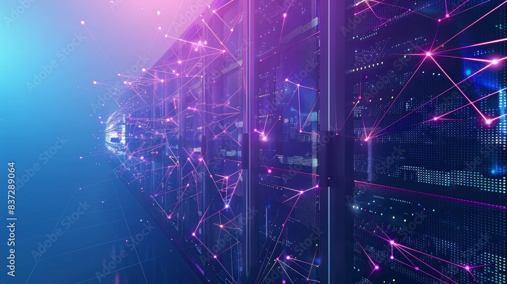 Poster a data center room with servers for digital processing and storage of information is illustrated, fe