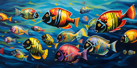 There are many different colored fish swimming in the water, Wonderful and beautiful underwater world with corals and tropical fish Generative AI
