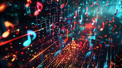 Holographic music notes and symbols floating in a cybernetic environment