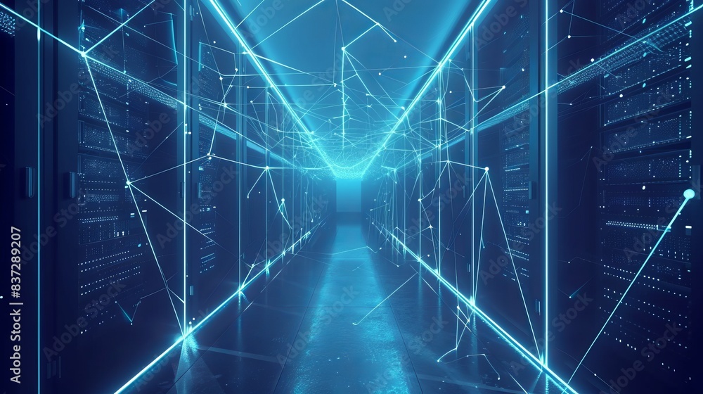 Poster a data center room with servers for digital processing and storage of information is illustrated, fe