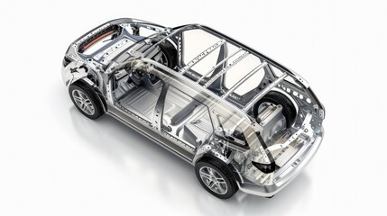 A detailed cutaway representation of a generic SUV, viewed from the top, is presented with a ghost effect and isolated on a white background.