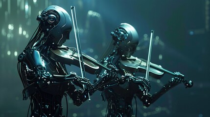 Fototapeta premium Cybernetic musicians creating music with AI-integrated instruments