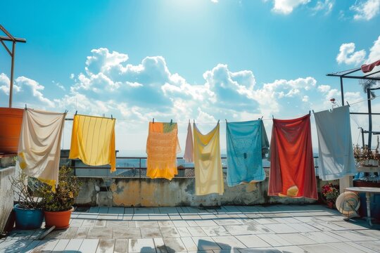 Clothes are dried on the clothesline in the rooftop in the sun with blue sky.