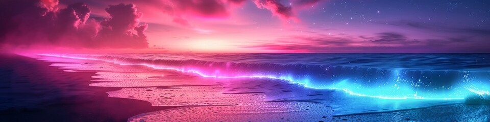 Obraz premium Surreal Sunset over a Neon-Lit Ocean Shoreline, Stars Twinkling Above Tranquil Waters