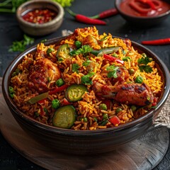 Fototapeta premium Jollof rice, a plate of jollof rice and fried chicken