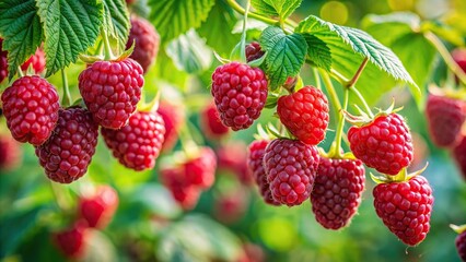 Branch of ripe red raspberries in a vibrant garden setting