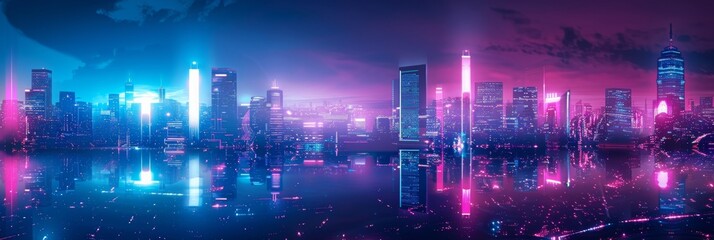 Obraz premium Cyberpunk Cityscape at Night: Neon Lights and Futuristic Skylines Under a Starry Sky
