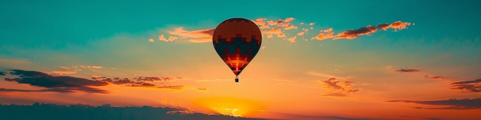 Fototapeta premium Hot Air Balloon Serenity at Sunset - Vibrant Skies and Tranquil Freedom Above the Horizon
