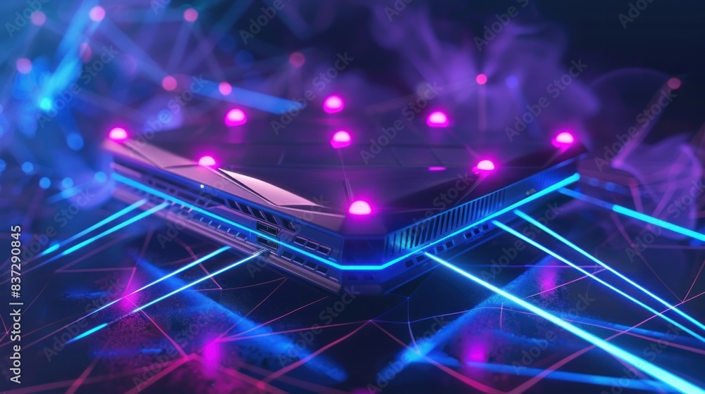 Poster a hologram router is depicted, representing wireless internet connectivity with polygons, triangles,
