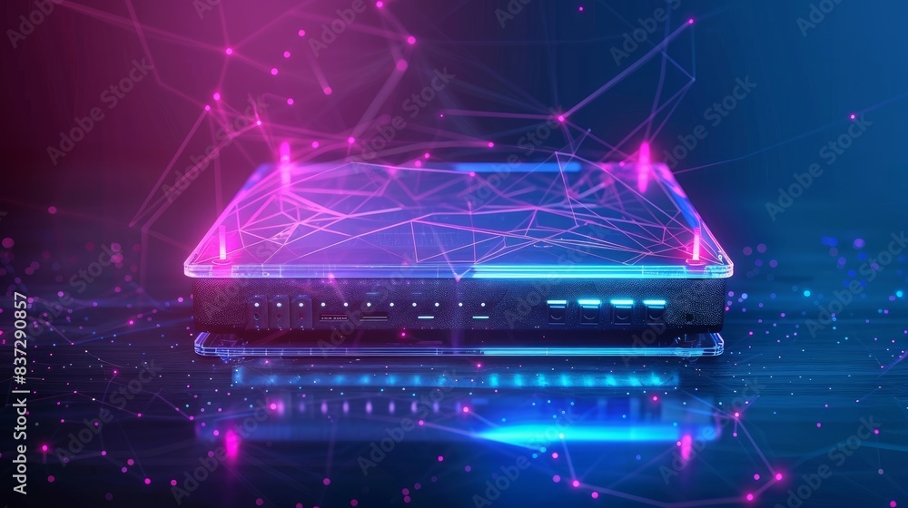 Poster a hologram router is depicted, representing wireless internet connectivity with polygons, triangles,