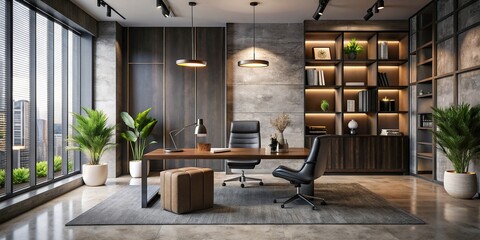 Luxurious office interior with dark concrete walls and elegant decor