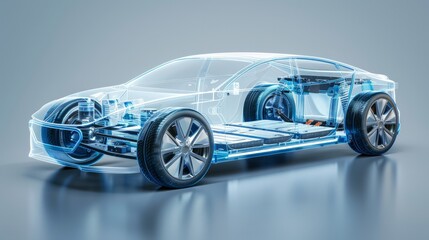 A line art 3D illustration displays a modern electric car chassis x-ray, revealing the vehicle battery in a studio environment.