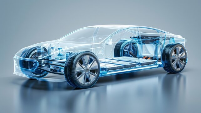 A line art 3D illustration displays a modern electric car chassis x-ray, revealing the vehicle battery in a studio environment.