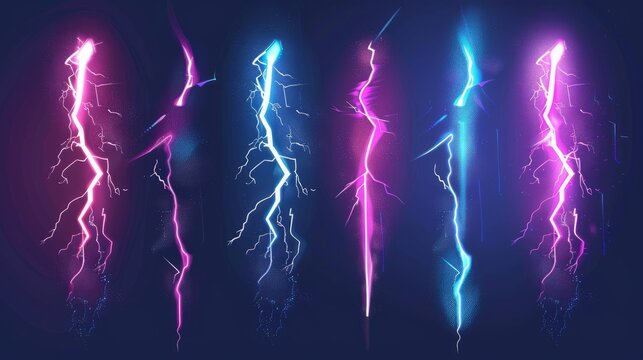 A lightning animation set includes sparks and portrays electricity thunderbolt danger with bright energy effects in a vector illustration.