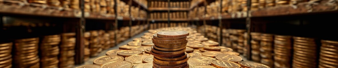 Financial Prosperity in a Bank Vault: Gold Coins Stacked with Upward Arrows Signifying Wealth Growth