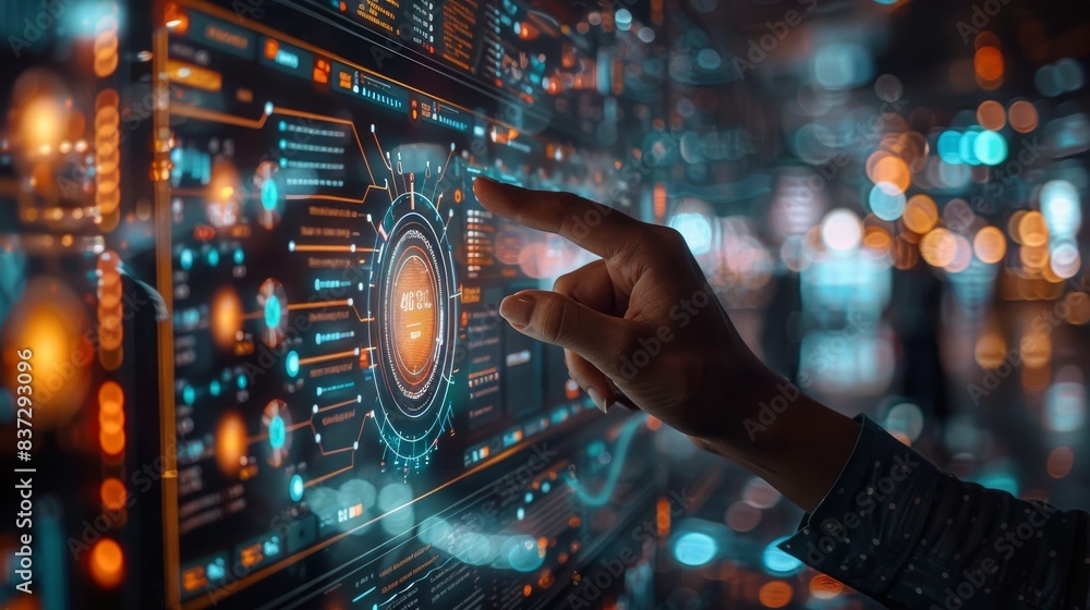 Poster hand interacting with futuristic global data interface