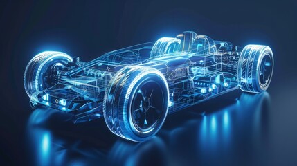 A line art 3D illustration displays a modern electric car chassis x-ray, revealing the vehicle battery in a studio environment.