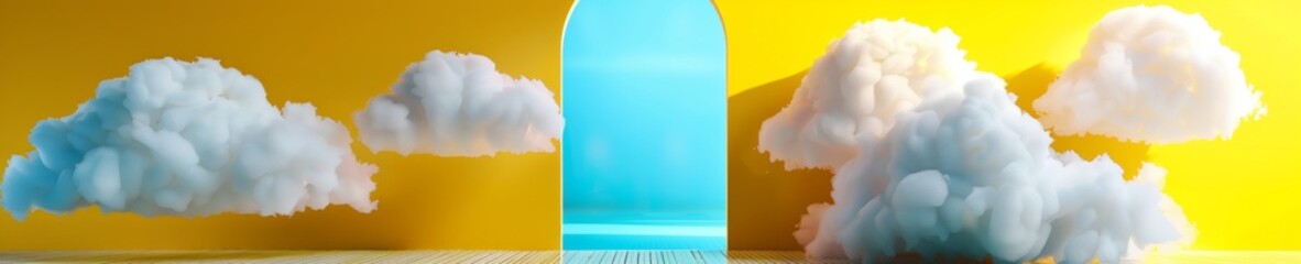 Surreal Yellow Room with Fluffy Clouds and Blue Arched Doorway Inspiring Wonder and Imagination