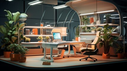 A modern office space with ergonomic furniture, and advanced computer equipment. Ideal for themes related to technology, productivity, eco-friendly workspace, and modern design