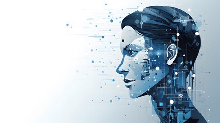 Obraz premium Futuristic AI Woman Portrait, Blue Digital Illustration, Technology Concept, Modern Sci-Fi Art, High-Tech Design, Copy Space
