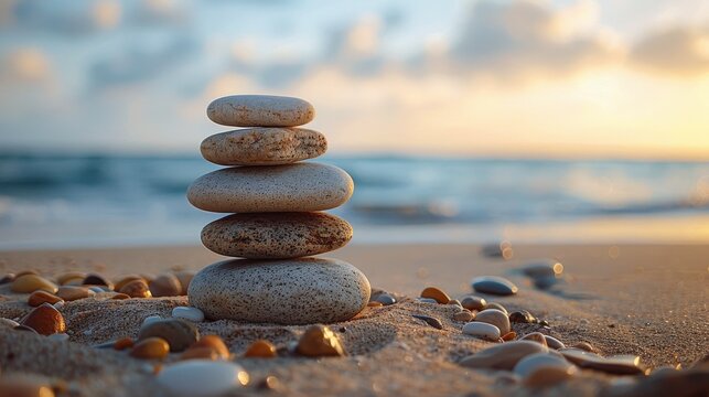 Balanced Rocks on a Beach With Ocean and Rocky Coastline in the Background