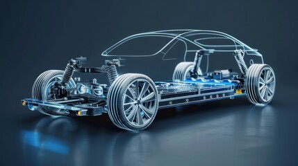 A line art 3D illustration displays a modern electric car chassis x-ray, revealing the vehicle battery in a studio environment.