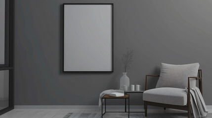 Minimalist Living Room Interior with Grey Sofa, Black Frame and Wooden Table
