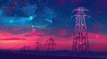 Low poly high voltage power line silhouette. Electricity supply industry pylons outlines on dark night blue sky. Innovation electrical technology banner template vector illustration