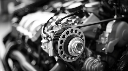 Fototapeta premium A new car engine is depicted isolated on a white background in a black and white image.