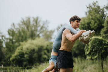 Fototapeta premium Woman performing ab exercises while sitting on her boyfriend's shoulders in a serene outdoor park environment.