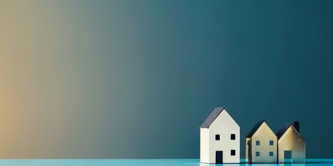 Three miniature houses placed on a flat surface with a gradient background, symbolizing real estate, home ownership, or mortgage concepts. Perfect for illustrating housing markets, investment, 