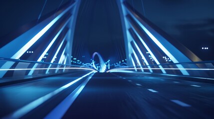 A polygonal bridge design is depicted with the effect of night lights illuminating the road against a blue background.