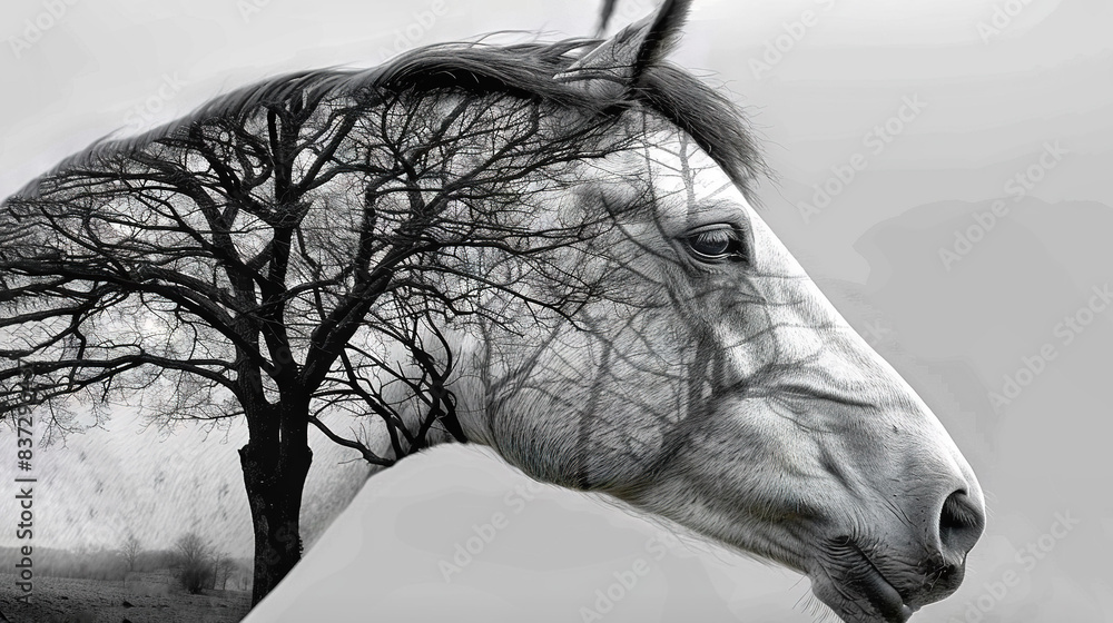 Canvas Prints a monochrome image of a galloping equine against a gray backdrop featuring a prominent tree in the f