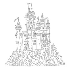 Fairy tale castle fortress. Hand drawn black and white architectural sketch for coloring book page