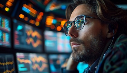 Person monitoring multiple computer screens