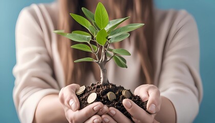 Plant in female hands. Money tree in female hand on blue background
