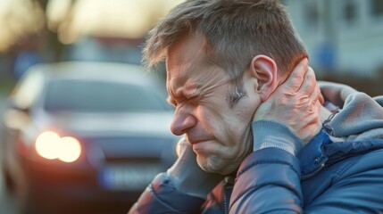 Whiplash victim grimaces in pain, clutching neck.