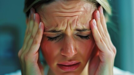 Fototapeta premium Brunette woman holds her temples in agony, furrowed brow indicating intense migraine pain.