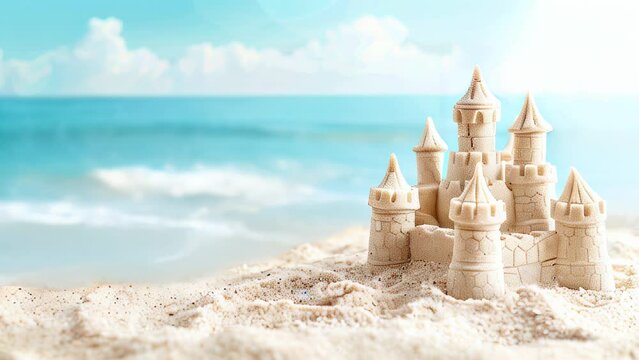 sandcastle on sunny beach with turquoise water in the background, empty space for text, holidays and travel, tourism, family children beach activities.