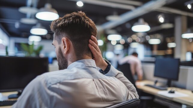 Workplace ergonomics and musculoskeletal strain, manifested by an office worker massaging neck and shoulders.