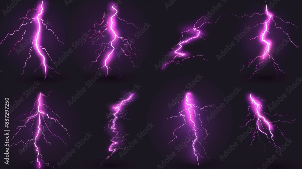 Poster sprite sheet with lightnings, thunderbolt strikes set for animation. vector realistic set of purple 