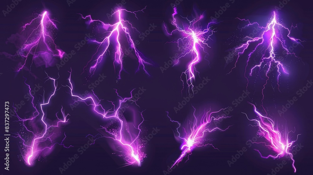 Poster sprite sheet with lightnings, thunderbolt strikes set for animation. vector realistic set of purple 