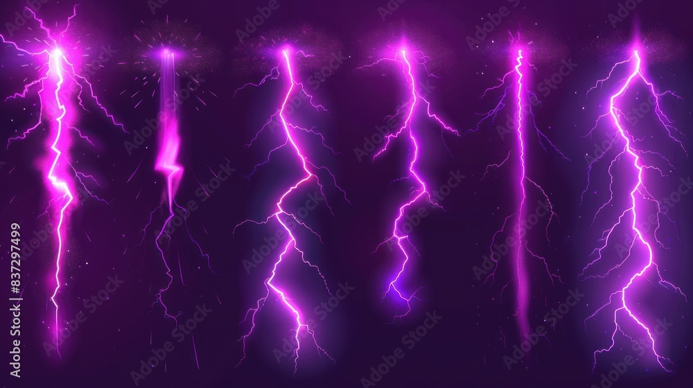 Poster sprite sheet with lightnings, thunderbolt strikes set for animation. vector realistic set of purple 