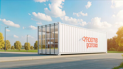 Obraz premium Container style cafeteria with white facade, food station on the road, fast food for people while traveling,