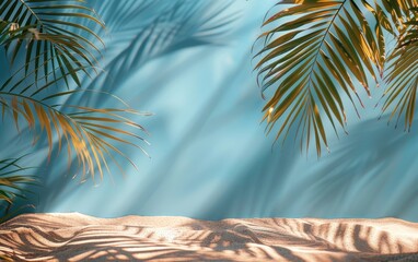 Naklejka premium Palm Fronds and Sand With Blue Background and Sunlight Shadows