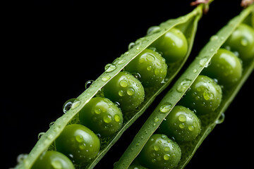Close-up of fresh green peas in pod, dew drops glisten. On black background